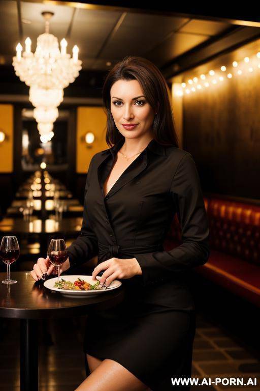 woman standing in modern restaurant lobby, dark lighting, black outfit clothes - #main