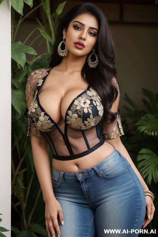 garden flowers, indian actress, floral shirt, jeans shorts, tiara, gawking ((looking at camera)) (((gawking))) ((eye contact)) ((gorgeous model)) (((full lips))) (hoop earrings) (((hourglass figure))) (flowing hair) (very pretty face) - #main