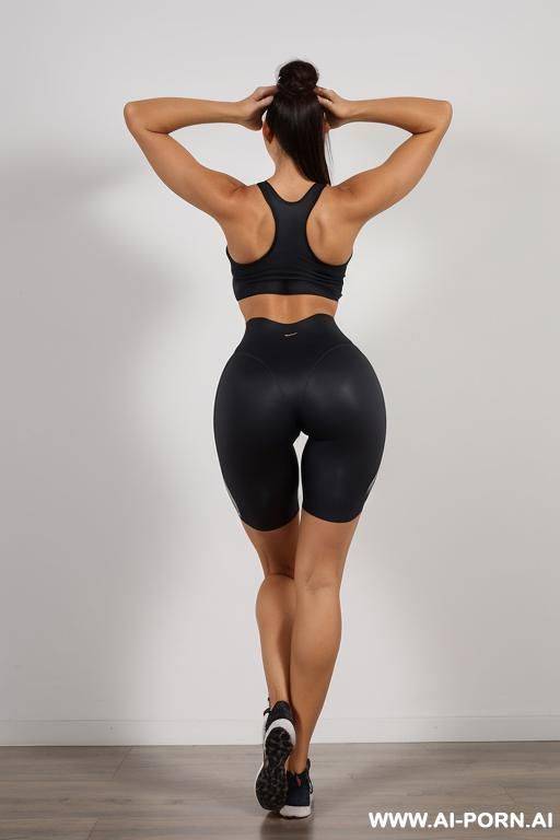 wearing a tight lycra shorts, standing with arms stretched up high - #main