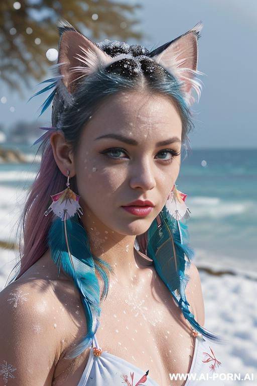 face, sexy, beautiful, ((face painting)), ((bikini as seashell)), ((tattoo roses)), ((eyes shw)), ((angel wings)), ((rainbow hair)), ((long bu hair)), ((wind)), (( cat face)), (( cat ears)), (((feather - #main