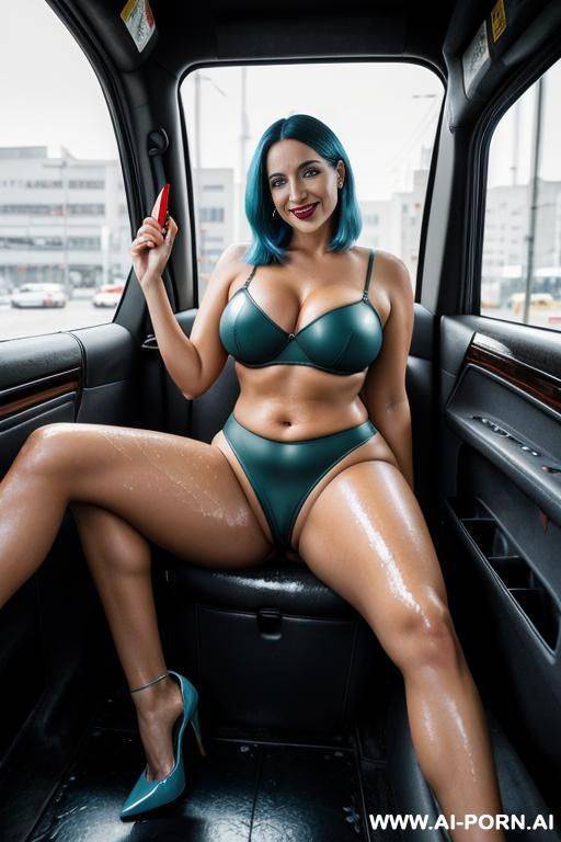 sitting down spreading legs, no undere, no bra, perfect and wet pussy, hot red lips, hot red high heels, massive breast - #main