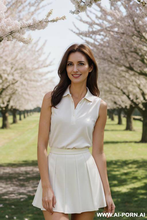 woman standing in park, (pretty face), (soft flirtatious smile), (inviting eyes), , skin, white outfit clothes, sleeveless polo - #main