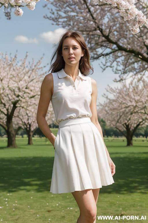 woman standing in park, (pretty face), white outfit clothes, sleeveless polo - #main