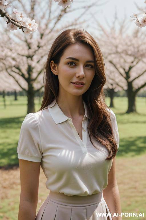 woman standing in park, soft lighting, white outfit clothes - #main