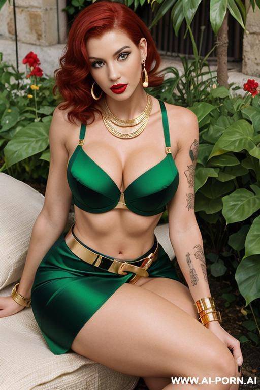 italian; short red hair; red eyebrows; large lips; black eyeliner; large ears; gold earrings; gold necklace; green bra; elegant green dress open to the thighs; belt with gold hoops; left forearm - #main