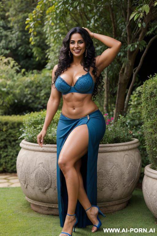 indian, fit, abs, curvy, muscular arms, big ass, tall, long legs, navel piercing, blue bra, blue pleat slit skirt, looking at camera, full body, stiletto, in garden, sitting cro - #main