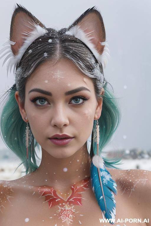 face, sexy, beautiful, ((face painting)), ((bikini as seashell)), ((tattoo roses)), ((eyes shw)), ((angel wings)), ((rainbow hair)), ((long bu hair)), ((wind)), (( cat face)), (( cat ears)), (((feather - #main
