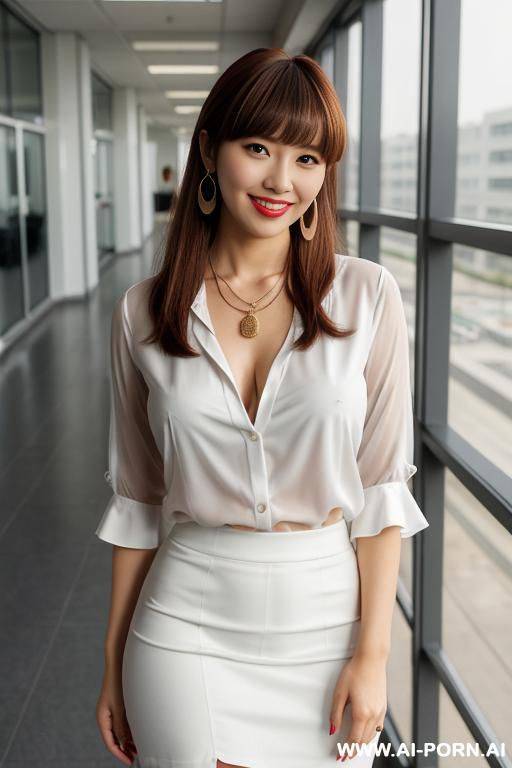 m large office foyer earrings and necklace white blouse grey skirt - #main