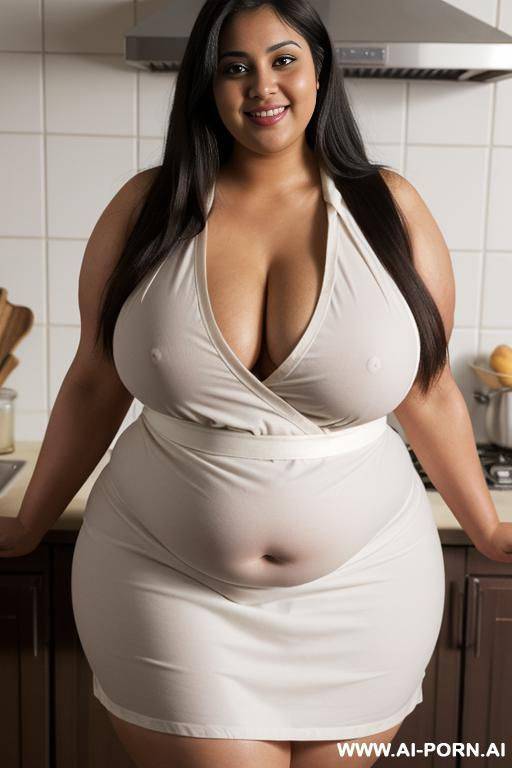 obese, wide fat body, huge belly, fated up, rotund, bbw, extra thicc, wearing tight red apron, domesticated, dark skin, long hair - #main