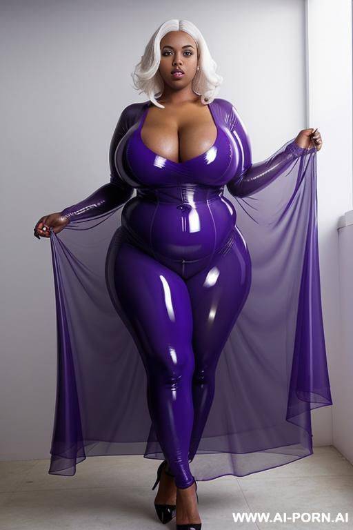 a black obese fat woman with gigantic huge boobs, white hair, in transparent purple latex nughtgown. - #main