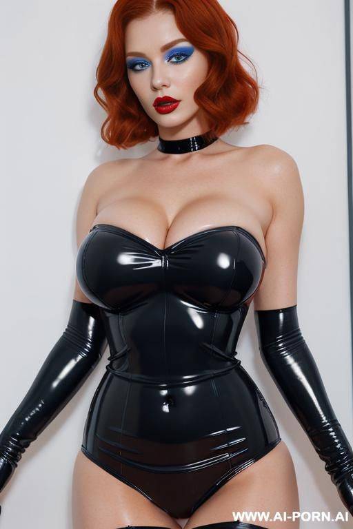 beautiful sexy woman, redhead buns hair, , pretty face, blue eyes, bold makeup, red lipstick (huge round inflated breasts), (black strapless latex bikini), (panties), ((detailed tights)), ((detailed eyes)), ((detailed hands)) - #main