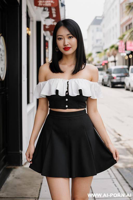 woman standing in shop, (pretty face), black and white outfit clothes - #main
