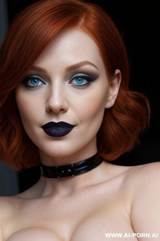 beautiful sexy woman, redhead bob hair, pretty face, blue eyes, makeup, black lipstick (huge round inflated breasts), full naked ((detailed eyes)), ((detailed hands)), (((detailed face))), seductive teasing smile - #main