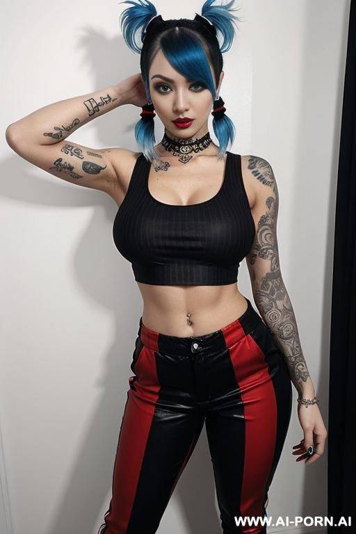 blue clouds tattoo on right arm, black sleeveless crop top, black and red striped pants - #main