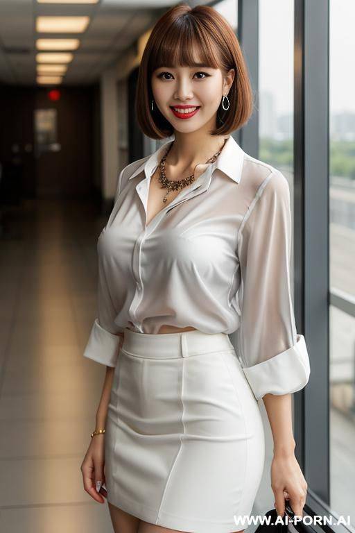 large office foyer earrings and necklace white blouse grey skirt - #main
