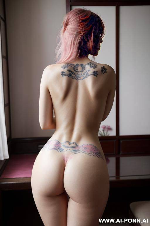 1 french woman, standing from behind, with hands on bumcheeks, pink messy hair, chinese tattoo on her back, showing her ass - #main