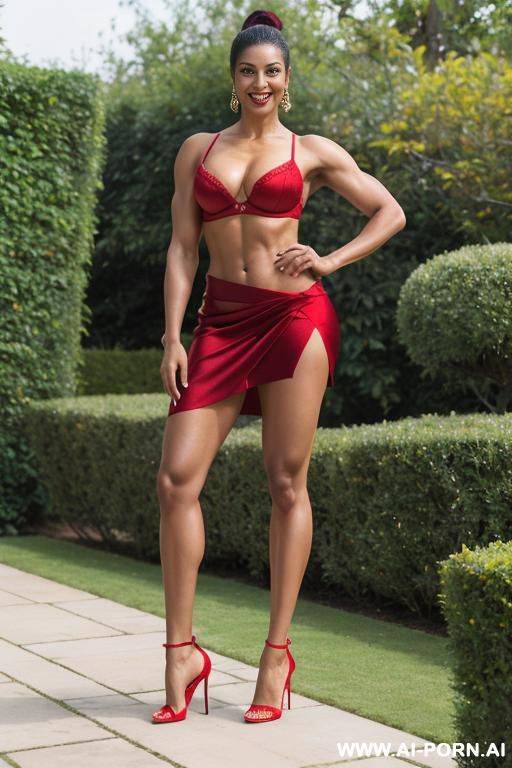 indian, short hair, fit, abs, muscular arms, big ass, tall, long legs, diamond navel piercing, red satin bra, red pleat skirt, looking at camera, full body, stiletto, in garden, arms stretching - #main