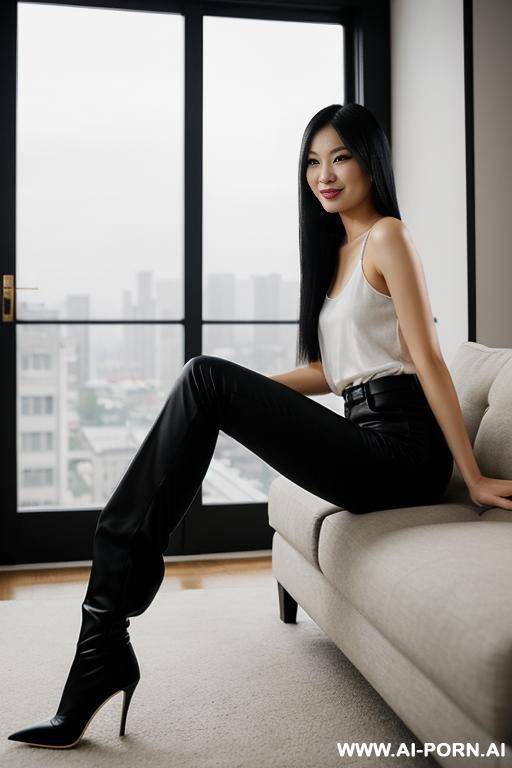 asian woman, white tank-top, black bootcut wide long slacks, smile, black pointed toe stiletto boots, relaxing on the sofa, home, view from below, ominous - #main