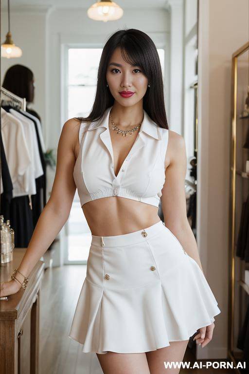 woman standing in shop, (pretty face), white outfit clothes, sleeveless polo - #main