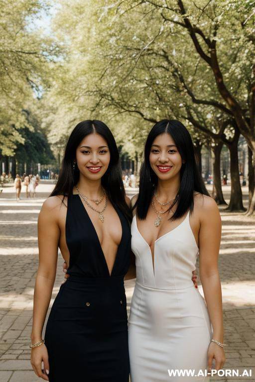 two women holding hands standing close together naked public garden necklace earrings - #main