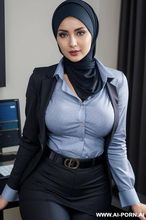 medium full shot, alluring thighs, wide hips, big boobs, hijab, no shirt, no uniform, no jacket - #main