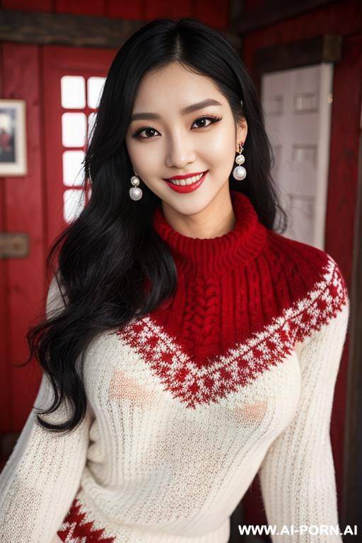 (woman crawling). depth of field. eye contact. beautiful face. symmetrical perfect sexy eyes. dark strong eyeliner. pearl necklace. pearl earrings. (long hair). christmas clothes. posing in the cabin. ((red woolly sweater)) - #main