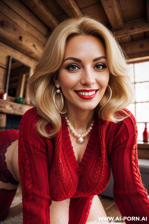 (woman crawling). depth of field. eye contact. beautiful face. symmetrical perfect sexy eyes. dark strong eyeliner. pearl necklace. earrings. (long hair). christmas clothes. posing in the cabin. ((red woolly sweater)) - #main