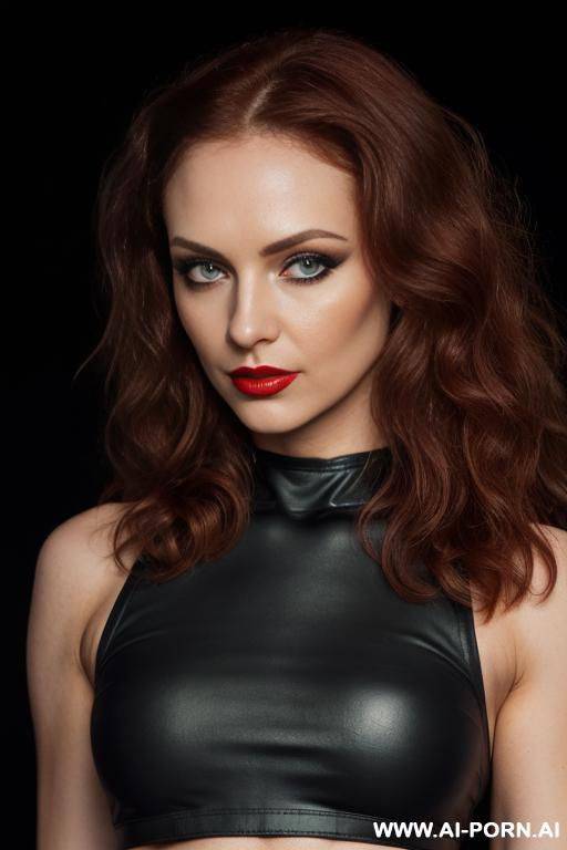 (((bdsm black crop top))) ((black dark background)) ((depth of field)) ((soft skin)) ((evening makeup)) ((look into camera)) (ideal facial ratios) (flirty and sexy energy) ((smokey eye)) (low light) ((very closeup view)) ((red lipstick)) ((green eyes)) - #main
