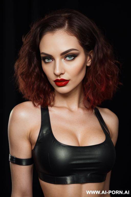 (((bdsm black crop top))) ((black dark background)) ((depth of field)) ((soft skin)) ((evening makeup)) ((look into camera)) (ideal facial ratios) (flirty and sexy energy) ((smokey eye)) (low light) - #main