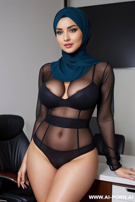 medium full shot, (((exposing body))), alluring thighs, wide hips, big boobs, hijab, accountant, office - #main