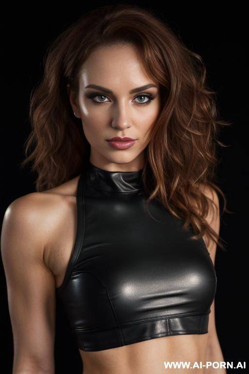 (((bdsm black crop top))) ((black dark background)) ((depth of field)) ((soft skin)) ((evening makeup)) ((look into camera)) (ideal facial ratios) (flirty and sexy energy) ((smokey eye)) (low light) ((very closeup view)) - #main