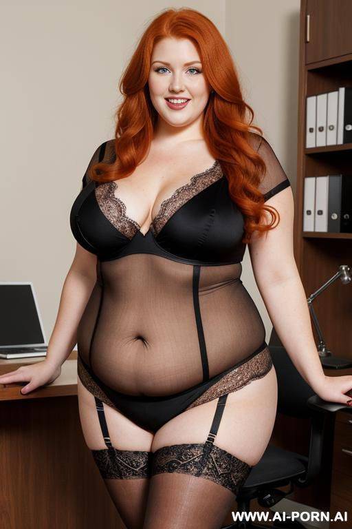 half-length photo, in a office like a stage, a fat chubby obese fat thick and bbw redhead british, she is working in the office like a pro. she has lovehandless and a soft medium tummy. - #main