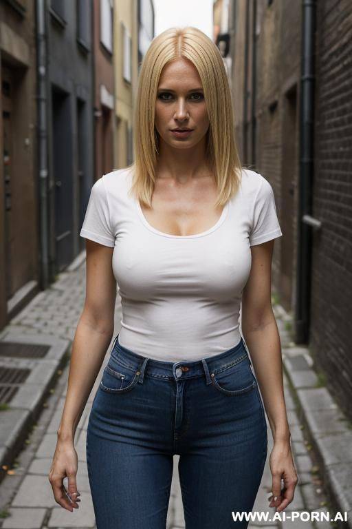 serious, slender, standing, t-shirt, jeans, thick face - #main