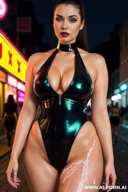 fat, neon latex halter leotard, (cum:1.3), (closeup:1.1), shopping street, by night - #main