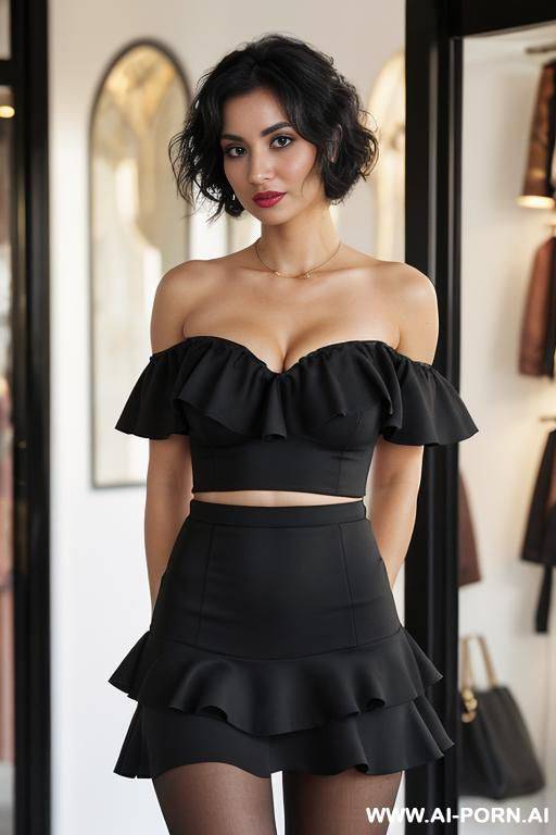 woman standing in shop, (pretty face), all black outfit and clothes - #main