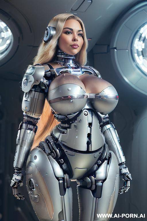 (((super realistic))) ((front view)) (((beautiful cyborg woman))) (((sexy cyborg woman))) ((latina)) ((blonde)) (((long thick hair))) (((perfectly beautiful face, sexy plump lips))) (((huge expressive sexy - #main