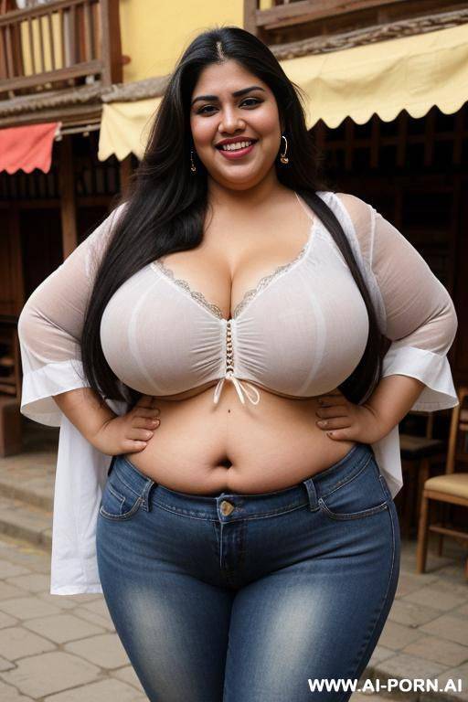 gorgeous indian, beautiful face, chola style, pear shaped, enormously plump figure, long hair, tight shirt, massively wide hips, very obese, rolls - #main