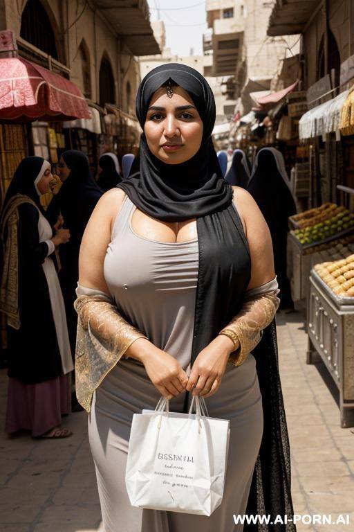 ultra realistic, an egyptian, wearing a black hijab that covers her whole body with hijab, she standing in a local egyptian street market with people in the background, she has brown - #main