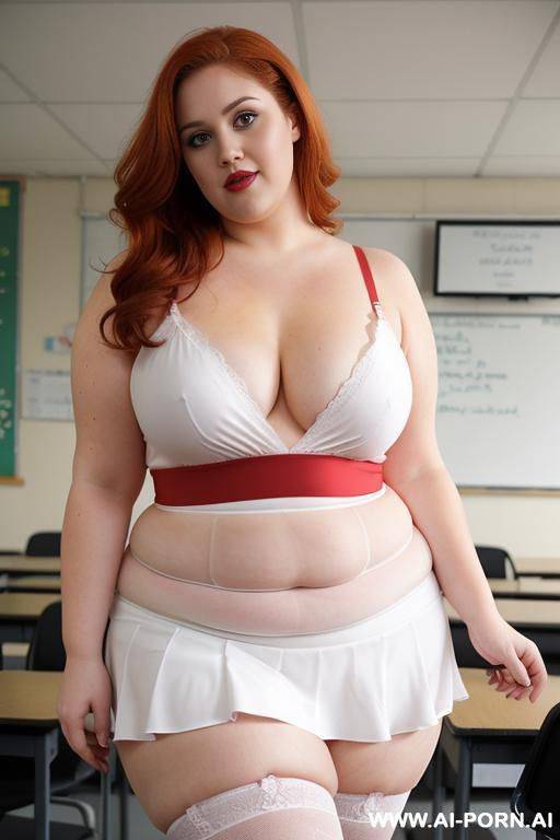 full body photo shot, about at classroom, obese chubby and so fat bbw curv teacher, wearing a sexy and hot micro red ruffle microskirt and elegant micro garter belt top, speaking to the classroom. - #main