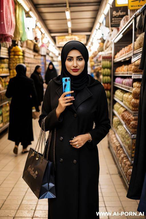 an egyptian, wearing a black hijab coat that covers her whole body with hijab, she is standing in a local egyptian market street this woman has brown highlighted black curly hair, and she - #main