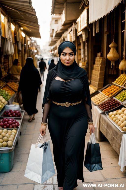 an egyptian, wearing a black hijab that covers her head only , she standing in a local egyptian street market with people in the background, she has brown highlighted black curly hair, and - #main