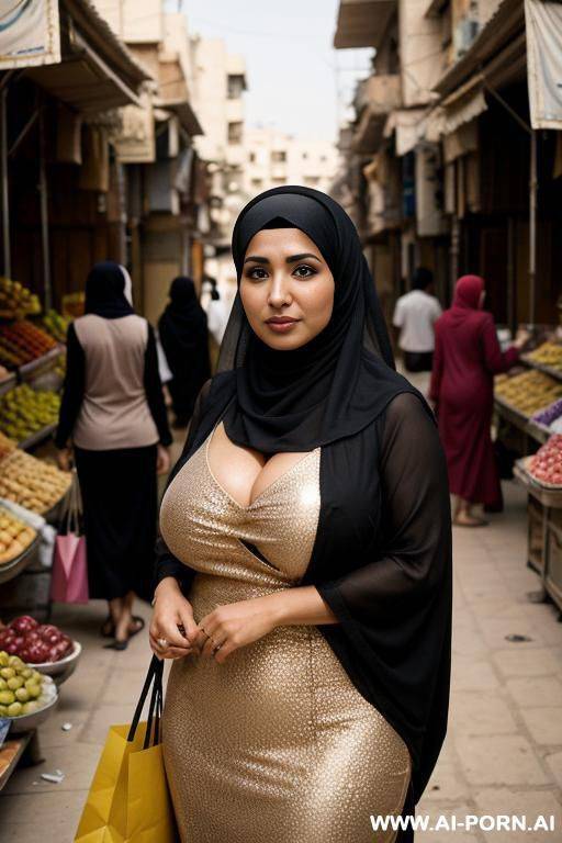 an egyptian, wearing a black hijab that covers her head to shoulder ratio with hijab, she standing in a local egyptian street market with people in the background, she has brown highlighted - #main