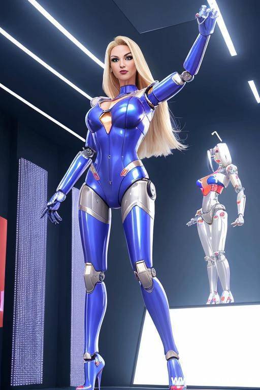 (robotic superwoman:1.1), front view, full-body view, standing, hands on hips, looking at the viewer, seductive face, beautiful, straight blonde hair, (fully robotic body, athletic body, huge robotic tits:1.1), ultra-high platform stripper stilettos - #main