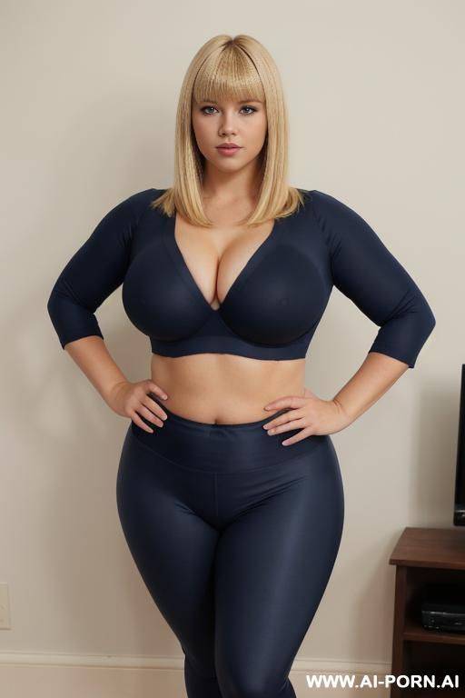 chubby woman, blonde hair with bangs, full body, standing, triangular hips, thick thighs, hands on hips, wearing blue leggings and bra, room in front of the television - #main