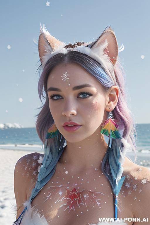 face, sexy, beautiful, ((face painting)), ((bikini as seashell)), ((tattoo roses)), ((eyes shw)), ((angel wings)), ((rainbow hair)), ((long bu hair)), ((wind)), (( cat face)), (( cat ears)), (((feather - #main