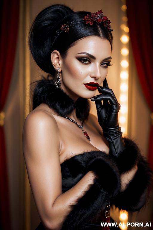 slavic vampire woman, black fur dress, black fur heels, black fur headband with a diamond encrusted flower pendant, dark red lipstick, long fingernails with dark red nail polish, brown hair with highlights in a ponytail, medium breasts, vampire fangs - #main