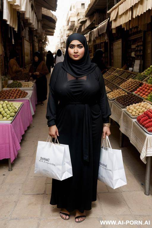 an egyptian, wearing a black hijab covering head only. she standing in a local egyptian street market with people in the background, she has brown highlighted black curly hair, and she has - #main