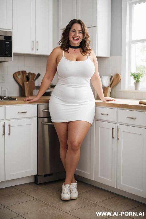 nude s curvy housewife standing naked in white keds sneakers and choker, in kitchen, brunette, smiling, color image. full body view with sneakers in frame. undressed. - #main