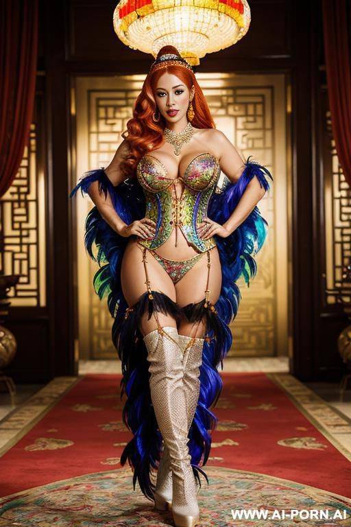 chinese, rainbow feather studed bright diamond transparent corset，feather tutu skirt， mesh robe， rainbow sequin bra ,necklace，rainbow large pointed thigh-high boots - #main