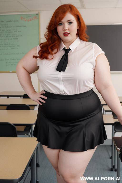 full body photo shot, about at classroom, obese chubby and so fat bbw curv teacher, wearing a sexy and hot micro red ruffle microskirt and elegant micro garter belt top, speaking to the classroom. - #main